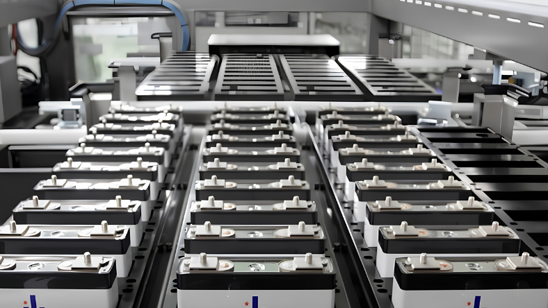 Battery cells with metal terminal studs aligned on an automated conveyor line.